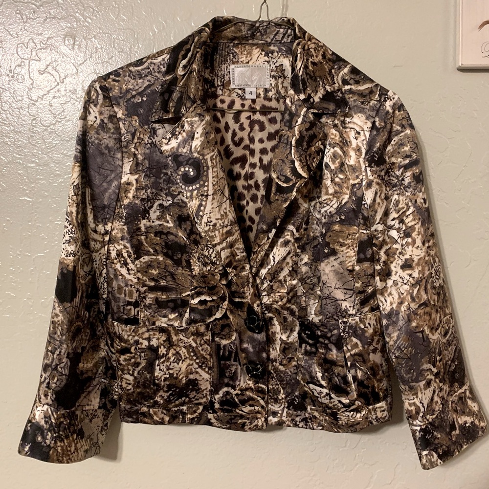 Alberto Makalie Brown Silk Jacket Size 4 Animal Print Floral Pockets Faceted Btn